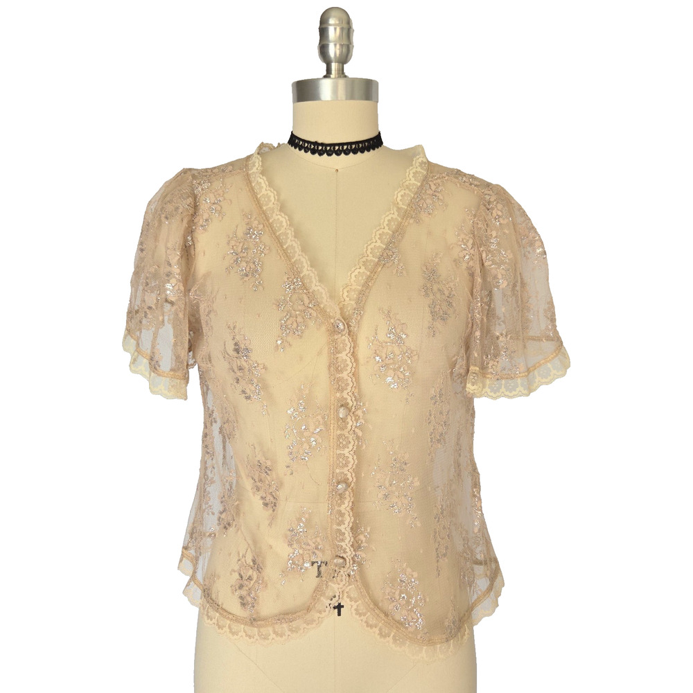 Vintage Style Cardigan Size S M Blush Lace Metallic Coquette Romantic Short Slv